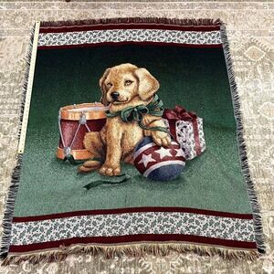 American Weavers Christmas Puppy Woven Tapestry Throw Blanket‎ 50x60 Holiday USA